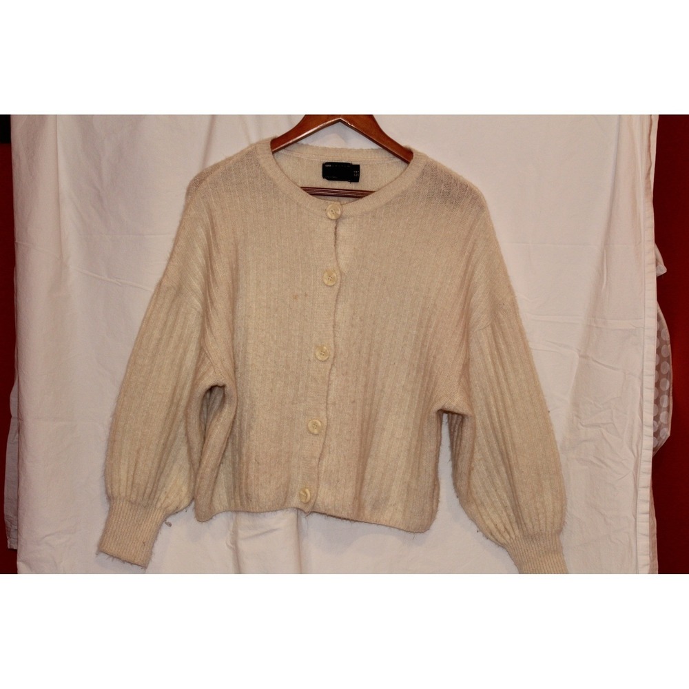 ASOS Design Cream Ribbed Cardigan Sweater Balloon Sleeve Button Front US 6